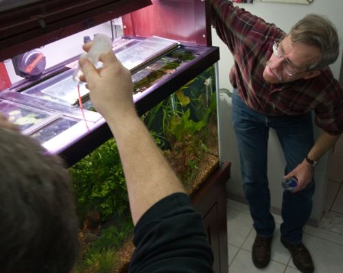 Walter dosing some hydrogen peroxide with Jerry looking on